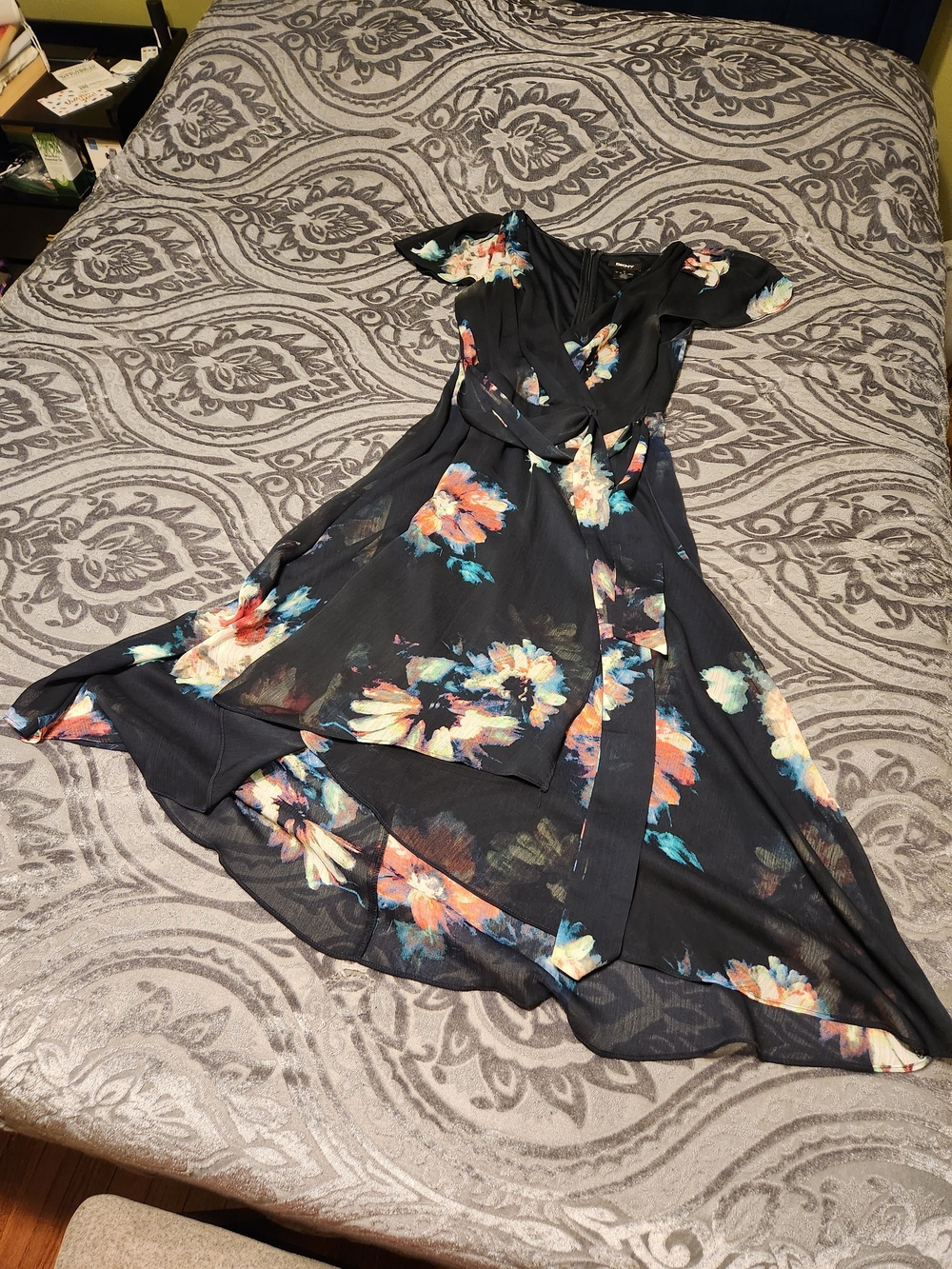 DKNY Black Floral Midi Wrap Dress with Pastel Blooms